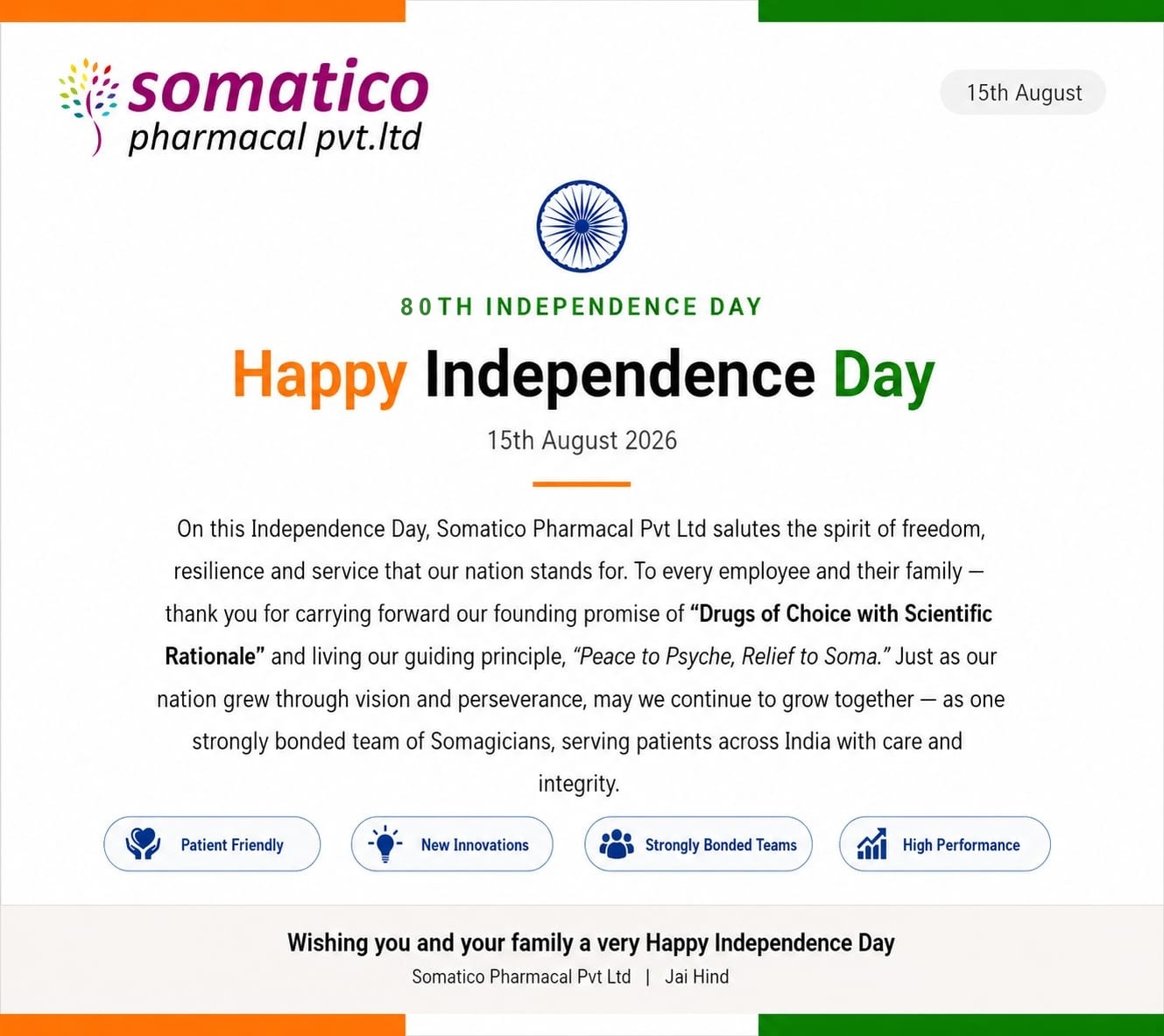 Happy 80th Independence Day from Somatico Pharmacal Pvt Ltd